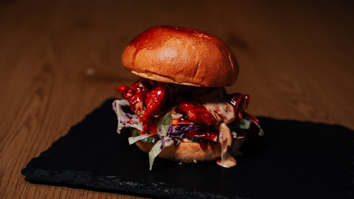Kim-Chi-Kin burger with gochujang glazed chicken